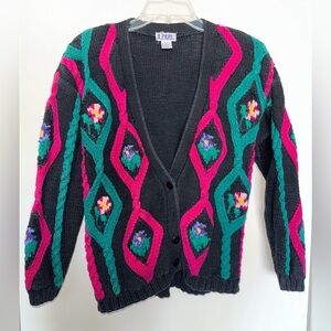 JL Plum VINTAGE Black Floral Crocheted Cardigan Large